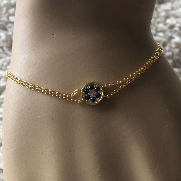 18K Gold Over Sterling Silver Bracelet Blue Cubic Zirconia Delicate Trace Chain - Picture 7 of 13